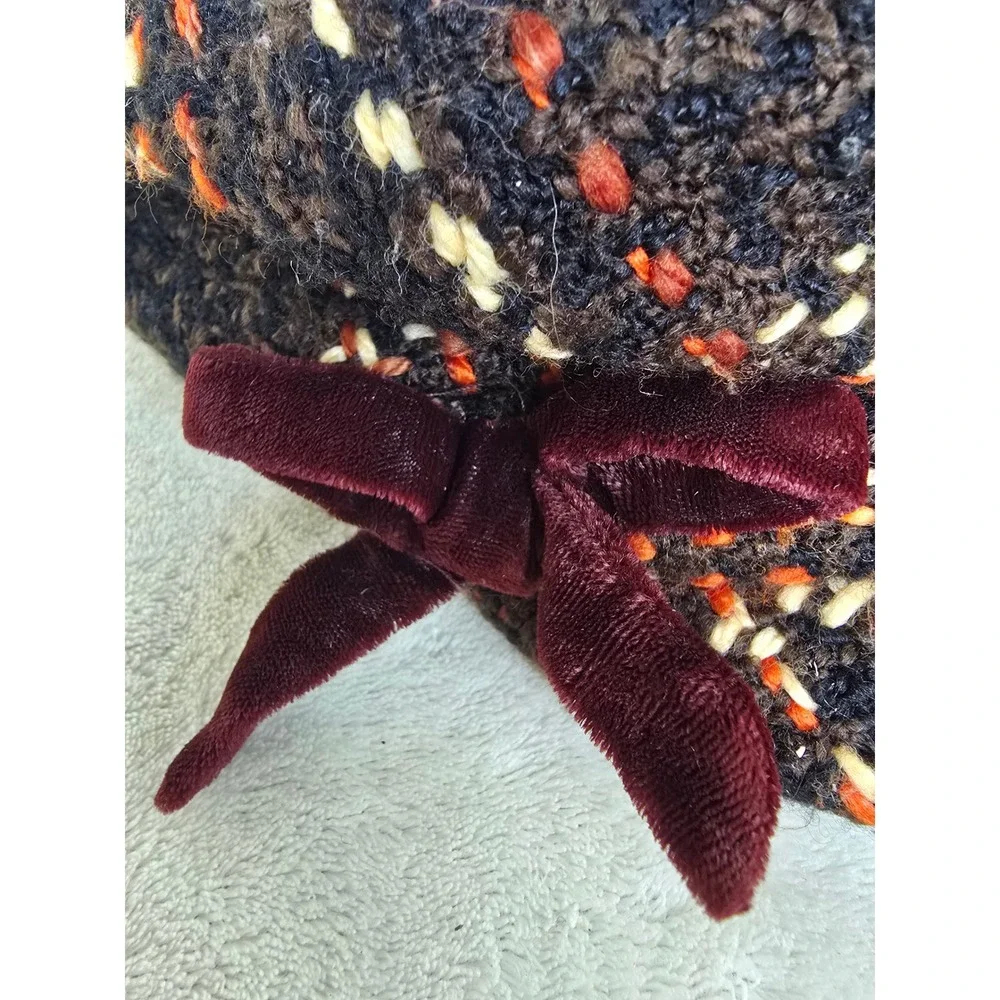 H&M Brown Orange Knit Cloche Bucket Hat Velvet Bow Vintage Style Womens SM 56cm